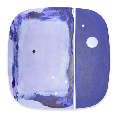 Damson Sorbet original abstract painting by Kirsty Black, featuring a softly layered lavender field with expressive violet and indigo brushwork on the left, solid damson purple on the right, a vertical white groove and scattered white dots.