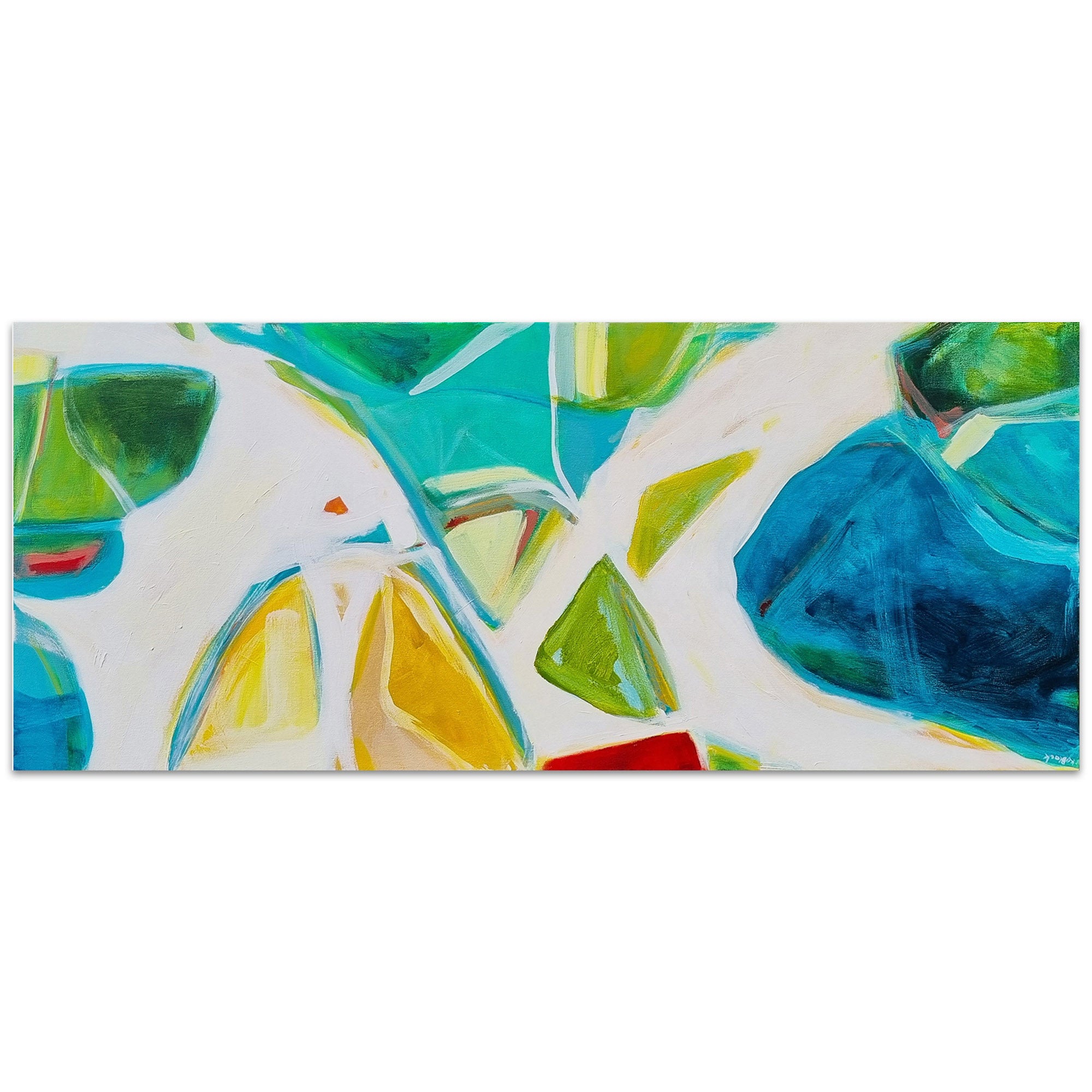 Jet Set Jaunt original abstract painting by Kirsty Black shown horizontally on white background, featuring fragmented geometric forms in forest green, teal, lime, yellow-gold and deep blue with red accent on bright white landscape format canvas