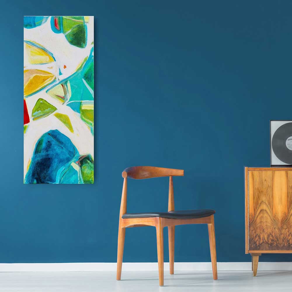 Jet Set Jaunt, long narrow abstract on canvas by Kirsty Black Studio insitu