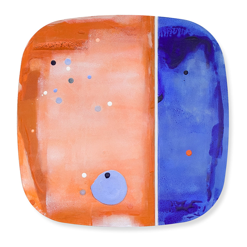 Kumquat Sorbet, original abstract painting on bevelled ply with warm orange and deep cobalt split palette and scattered dot forms, by Kirsty Black.