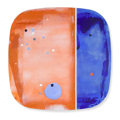 Kumquat Sorbet, original abstract painting on bevelled ply with warm orange and deep cobalt split palette and scattered dot forms, by Kirsty Black.