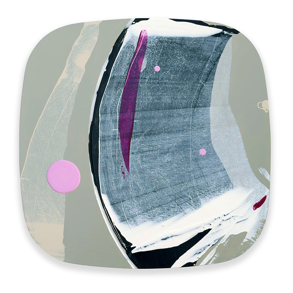 Licorice Gelato original abstract painting by Kirsty Black, featuring sweeping charcoal, slate grey and white brushwork, a bold magenta stroke, muted sage-grey fields, a curved groove and scattered pink circular accents.