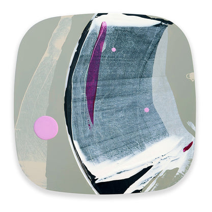 Licorice Gelato original abstract painting by Kirsty Black, featuring sweeping charcoal, slate grey and white brushwork, a bold magenta stroke, muted sage-grey fields, a curved groove and scattered pink circular accents.
