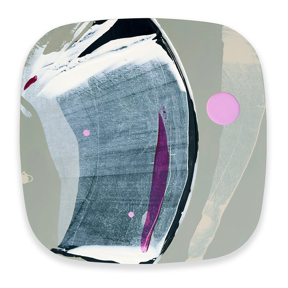 Licorice Gelato original abstract painting by Kirsty Black shown in its alternative hanging orientation, with textured charcoal and grey brushwork, sweeping white strokes, a curved groove and contrasting magenta and pink accents.