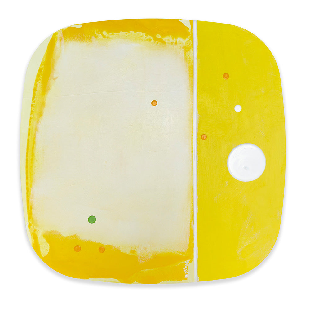 Limoncello Sorbet original abstract painting by Kirsty Black shown in its alternative hanging orientation, with a creamy lemon field framed by golden yellow brushwork on the left and vibrant citrus yellow on the right, accented by playful coloured dots and a large white circle.