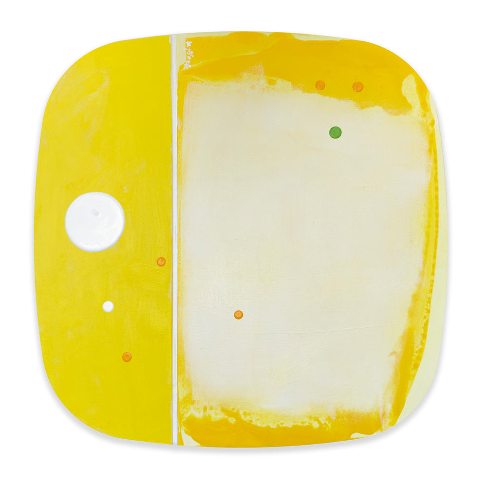 Limoncello Sorbet original abstract painting by Kirsty Black, featuring vibrant citrus yellow on the left and a softly layered creamy lemon field on the right, separated by a vertical white groove with scattered orange, green and white circular accents.