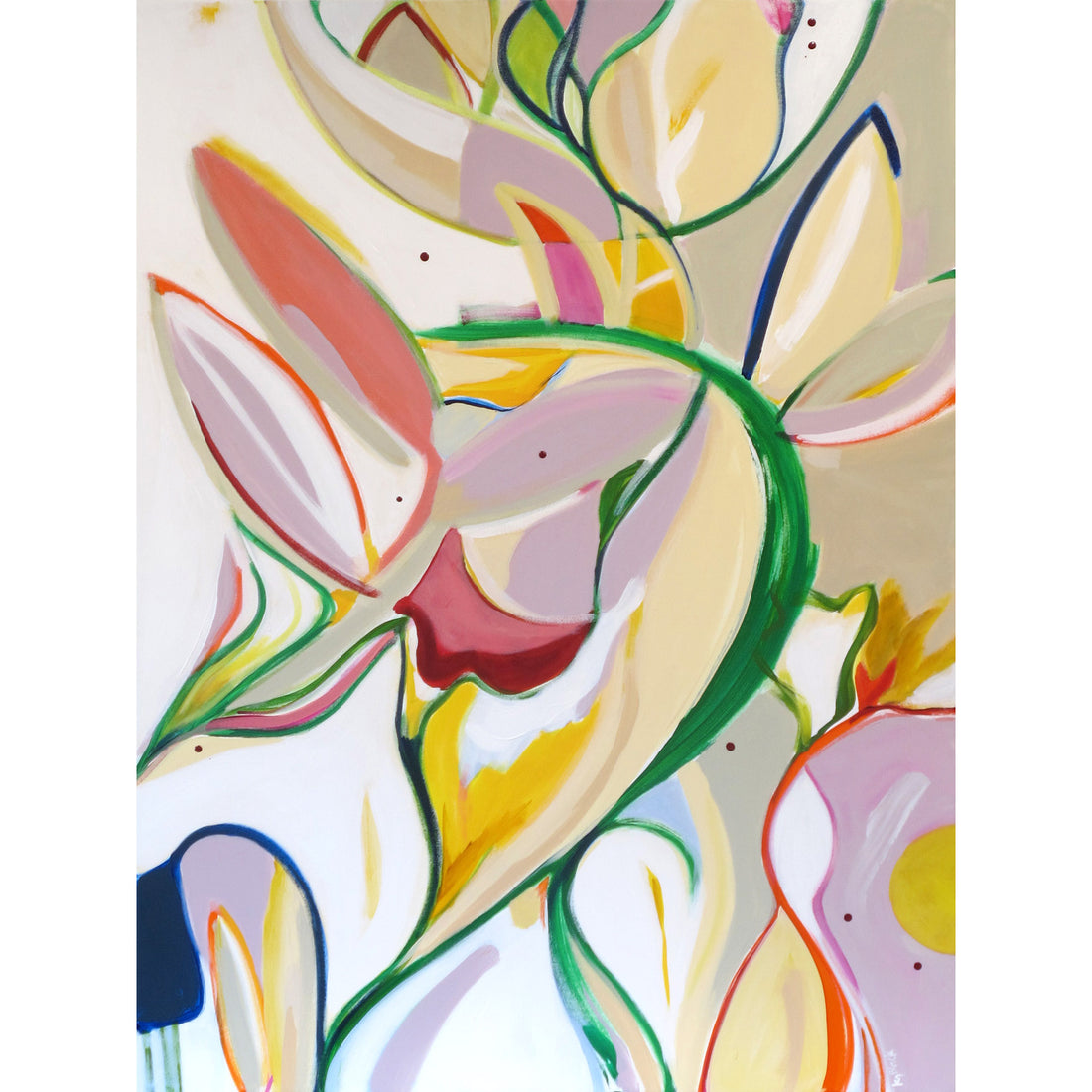 Miss Isadora Bouquet original abstract painting by Kirsty Black featuring flowing organic petal forms in soft pink, coral, yellow and green with vivid green vine stems on warm cream ground