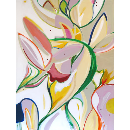 Miss Isadora Bouquet original abstract painting by Kirsty Black featuring flowing organic petal forms in soft pink, coral, yellow and green with vivid green vine stems on warm cream ground