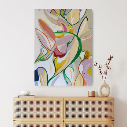 Miss Isadora Bouquet abstract painting by Kirsty Black hung on white wall above rattan sideboard with white ceramic bowl, gold candle holder and sculptural white vase with cotton stems