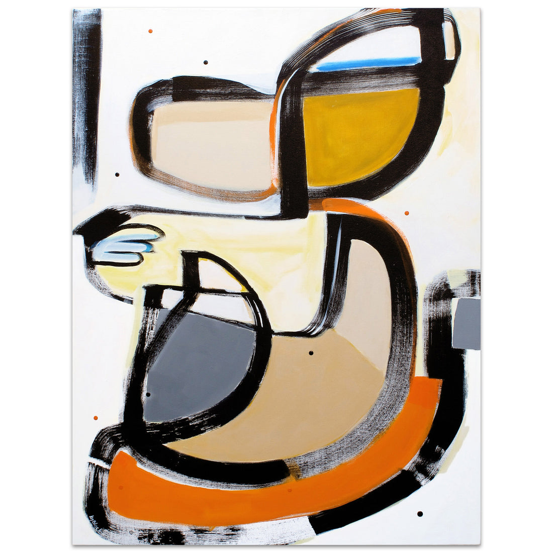 Mousey Mousey original abstract painting by Kirsty Black featuring bold black sweeping curves enclosing mustard yellow, warm sand, orange and grey forms on white canvas