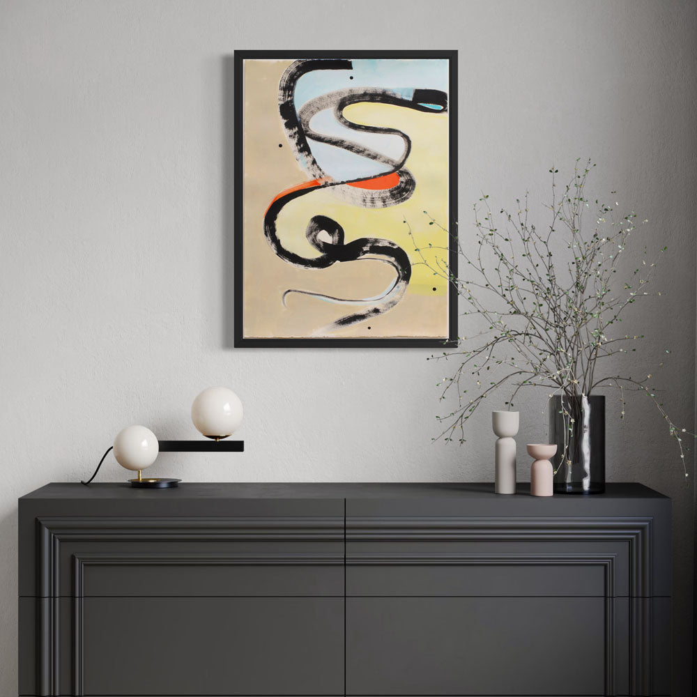 Adder Antics abstract painting by Kirsty Black shown in black frame on grey wall above dark console with modern styling