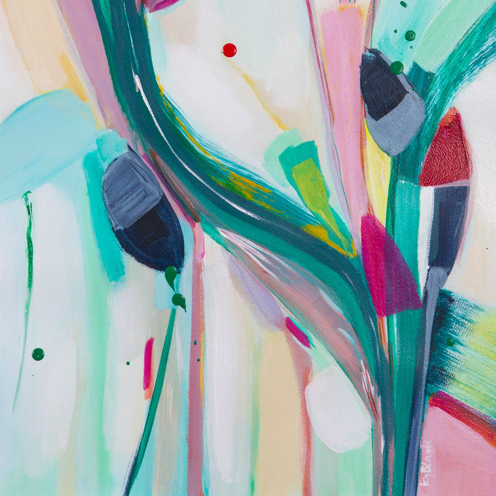 Detail view of Chickabiddy Croon, original abstract painting on paper by Kirsty Black, showing layered colour &amp; expressive texture