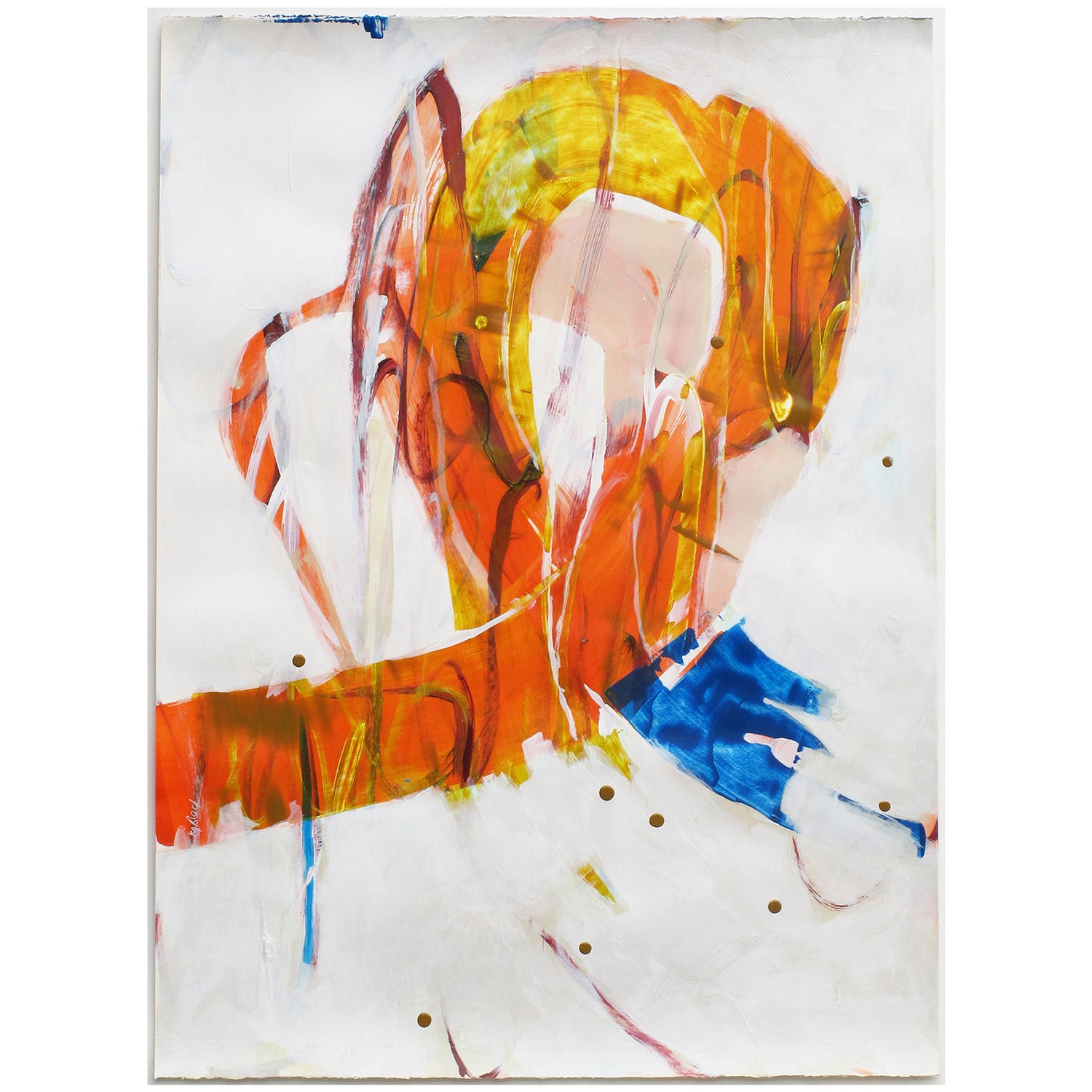 Cock A Hoop original abstract painting on paper by Kirsty Black featuring bold layered orange and golden yellow forms with white lines and blue accent on white background