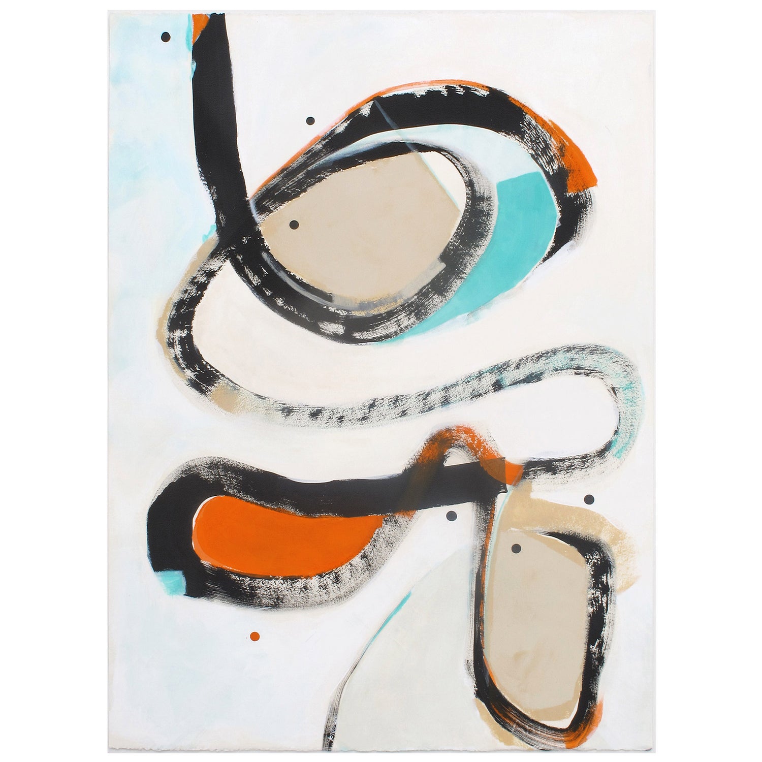Lounge Lizard Groove original abstract painting on paper by Kirsty Black featuring continuous looping black brushstroke enclosing coral orange beige and turquoise forms on white background