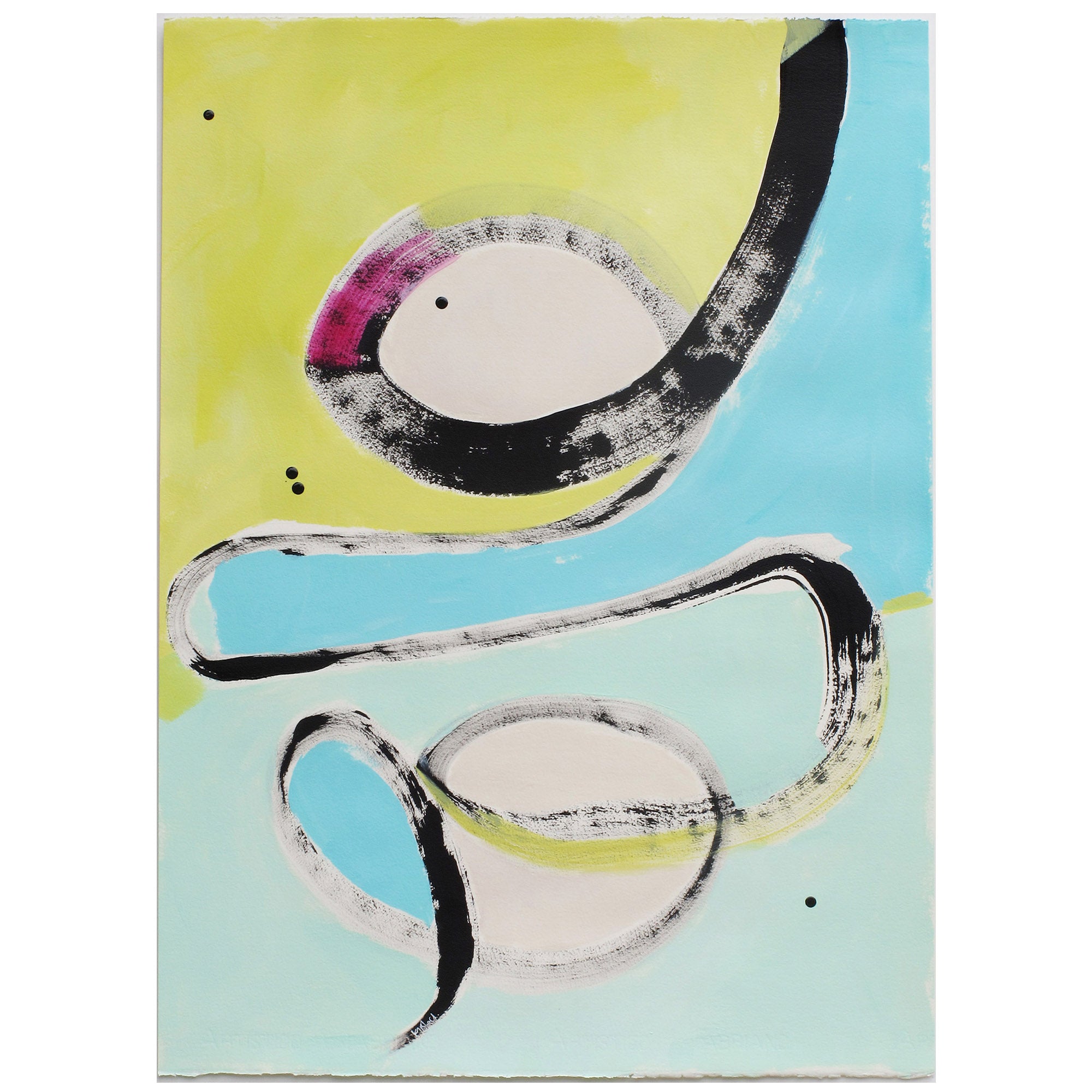 Viper Acrobat original abstract painting on paper by Kirsty Black featuring two bold black looping brushwork on lime yellow and sky blue background with magenta and green accents