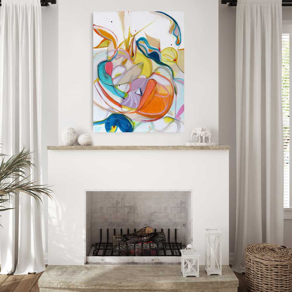 Parakeet Tiara, Abstract Paintingon Canvas by Kirsty Black Studio viewed over a fireplace