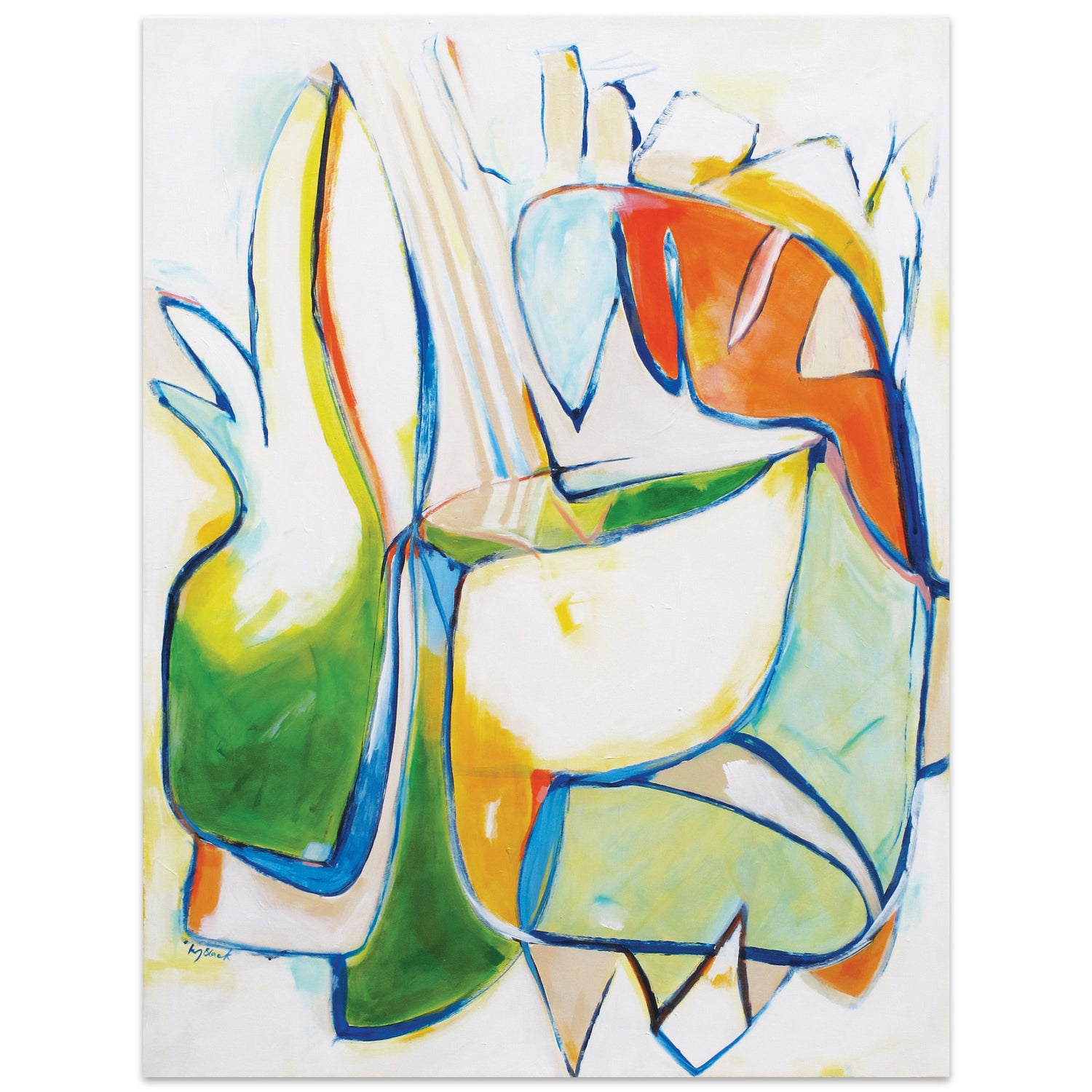 Pineapple Punch original abstract painting by Kirsty Black featuring bold lime green turquoise and coral orange organic forms outlined in navy blue on white canvas