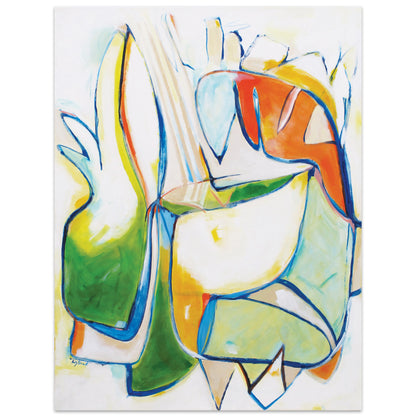 Pineapple Punch original abstract painting by Kirsty Black featuring bold lime green turquoise and coral orange organic forms outlined in navy blue on white canvas