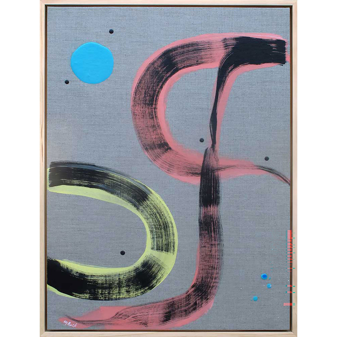 Pussy Cat Prowl original abstract painting by Kirsty Black on cool grey linen featuring bold pink and black gestural curves, lime yellow arc and vivid turquoise circle in natural wood tray frame