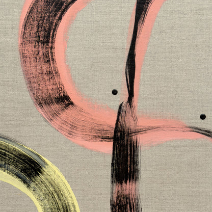 Close-up detail of Pussy Cat Prowl showing overlapping pink and black gestural brushstrokes with scattered black dots revealing the natural linen texture beneath