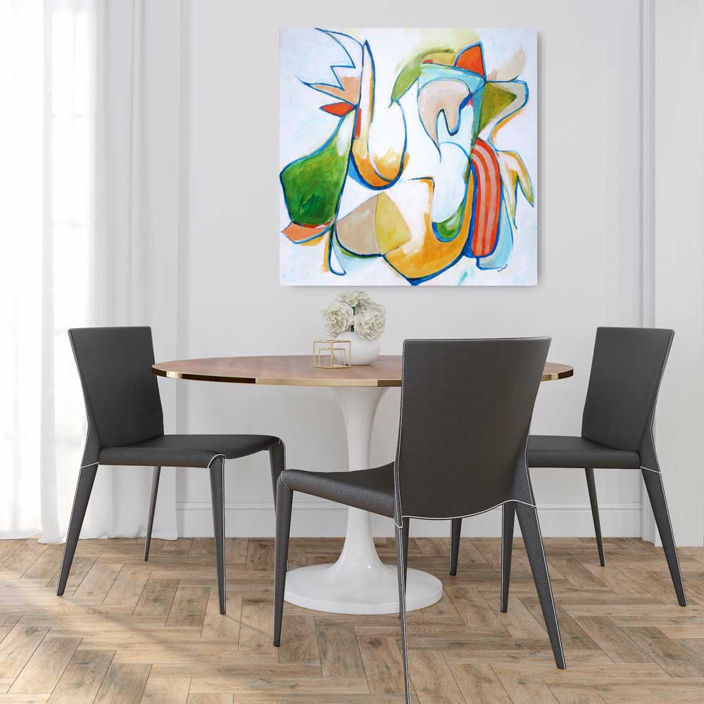 Rooster Ruckus, square abstract painting on canvas in a dining room, by Kirsty Black Studio