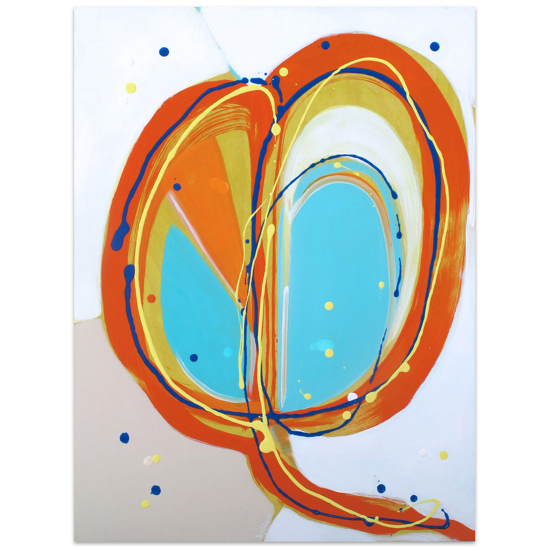 Rosella Dive Bomb original abstract painting by Kirsty Black featuring bold orange double-loop enclosing two vivid turquoise pools with electric yellow and navy gestural lines and scattered dots on white ply box board