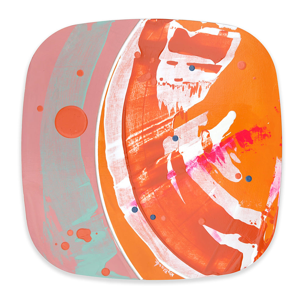 Tangerine Gelato by Kirsty Black. Original 392mm square abstract painting on bevelled ply, featuring vivid orange, coral pink, turquoise and expressive white brushwork, separated by a curved groove.