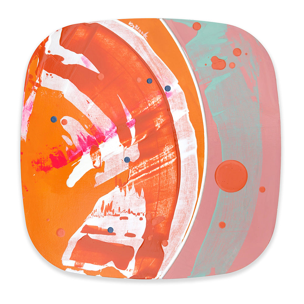 Tangerine Gelato abstract painting by Kirsty Black, shown rotated with vibrant orange brushwork on the left and soft pink and turquoise on the right, accented by colourful dots.