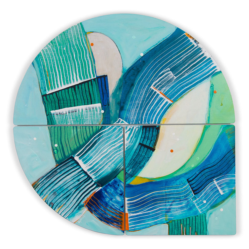 Vaporetto Val, teardrop-shaped abstract artwork on ply, in a green &amp; blue colour palette &amp; flowing brushstrokes. 