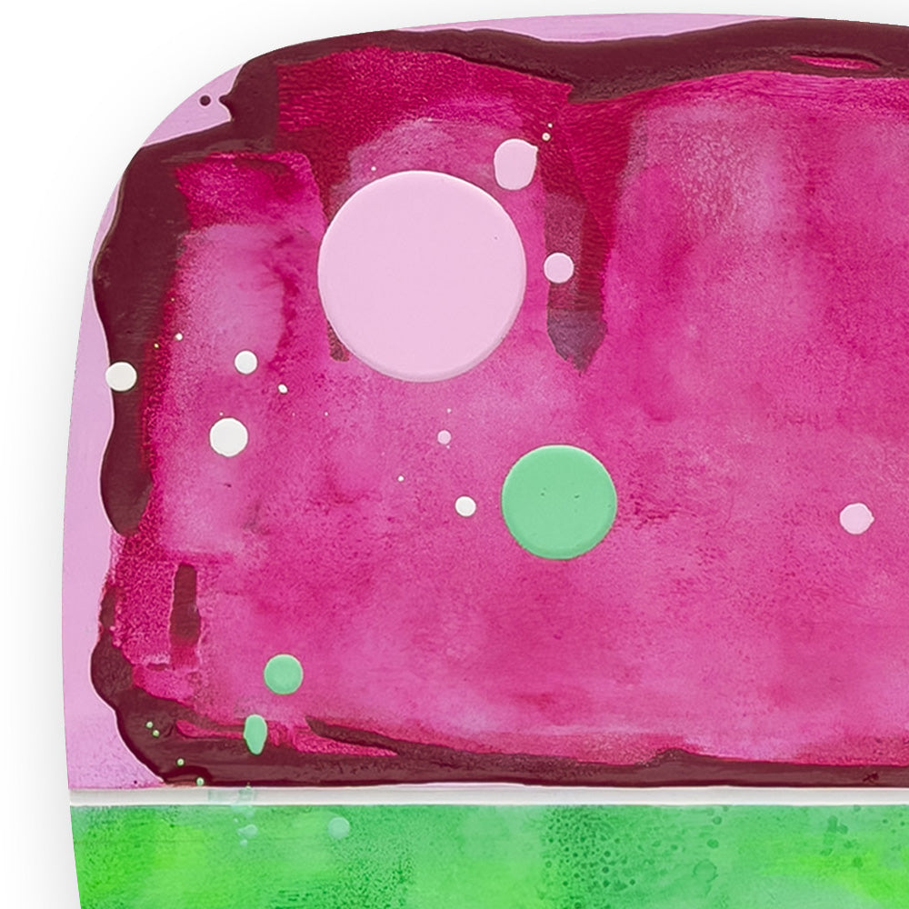 Watermelon Sorbet, detail showing surface texture, scattered pink and white circles, green dot forms, and deep burgundy pooling at the upper edge, by Kirsty Black.