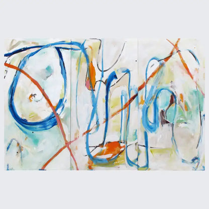 Tentacled Tantrum original triptych painting by Kirsty Black featuring flowing blue curved lines coral orange diagonal strokes and soft pastel washes across three connected panels