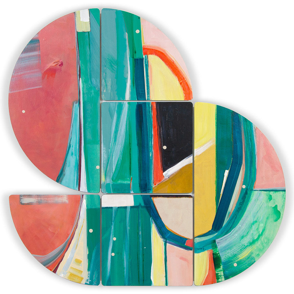 Penelope Farthing - Modular abstract wall sculpture featuring painted ply tiles in bold greens, pinks, &amp; yellows on ply backing board. 